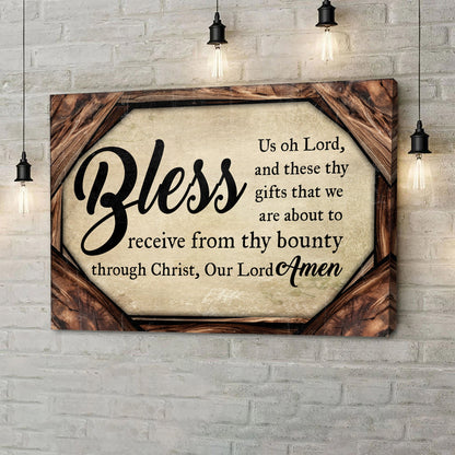 Bless Us Oh Lord Faith Sign II canvas by Tailored Canvases, wood frame on brick on Tampa Home & Garden Store