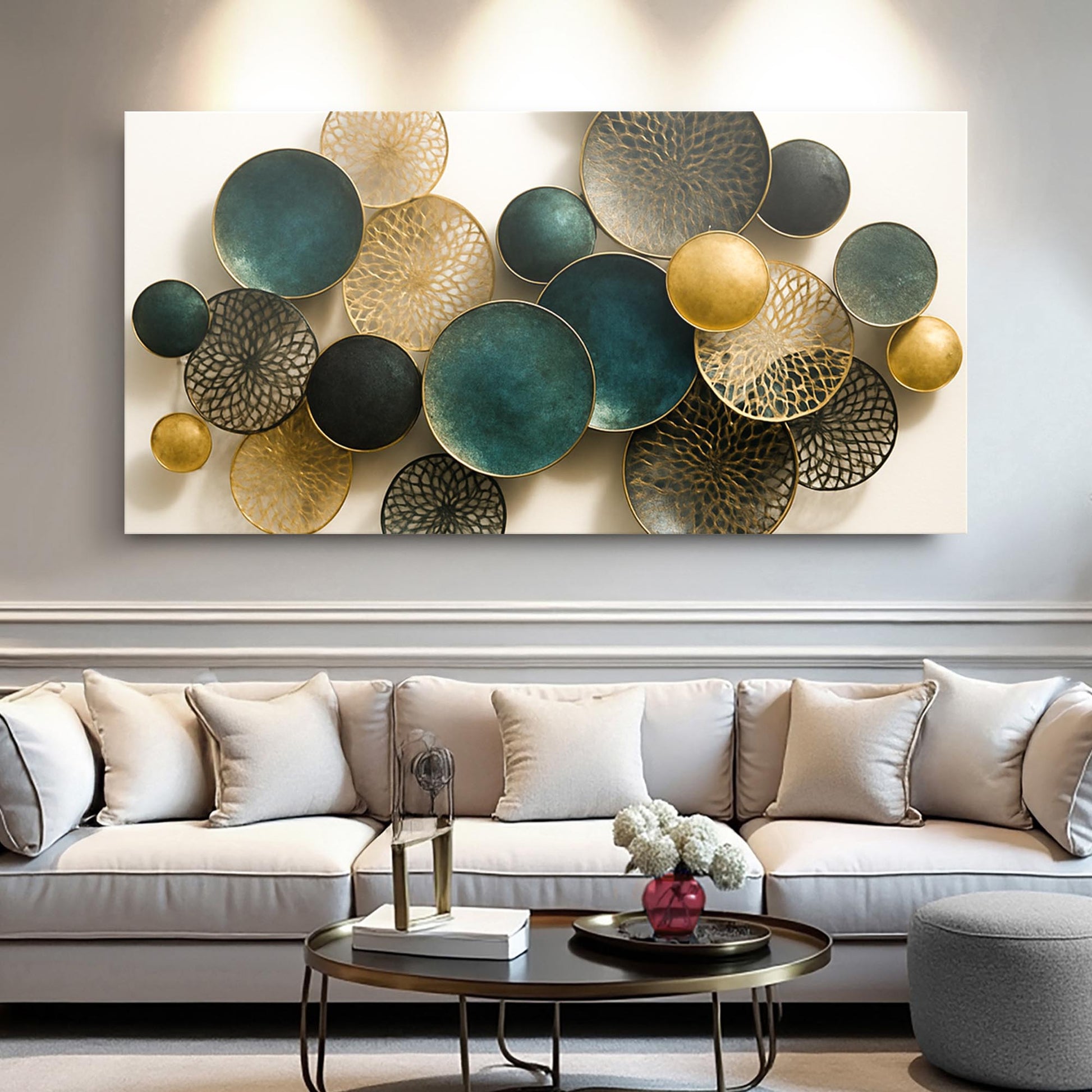 Lotus Leaf Abstract Wall Art VIII canvas by Tailored Canvases teal gold black circular disks on Tampa Home & Garden Store