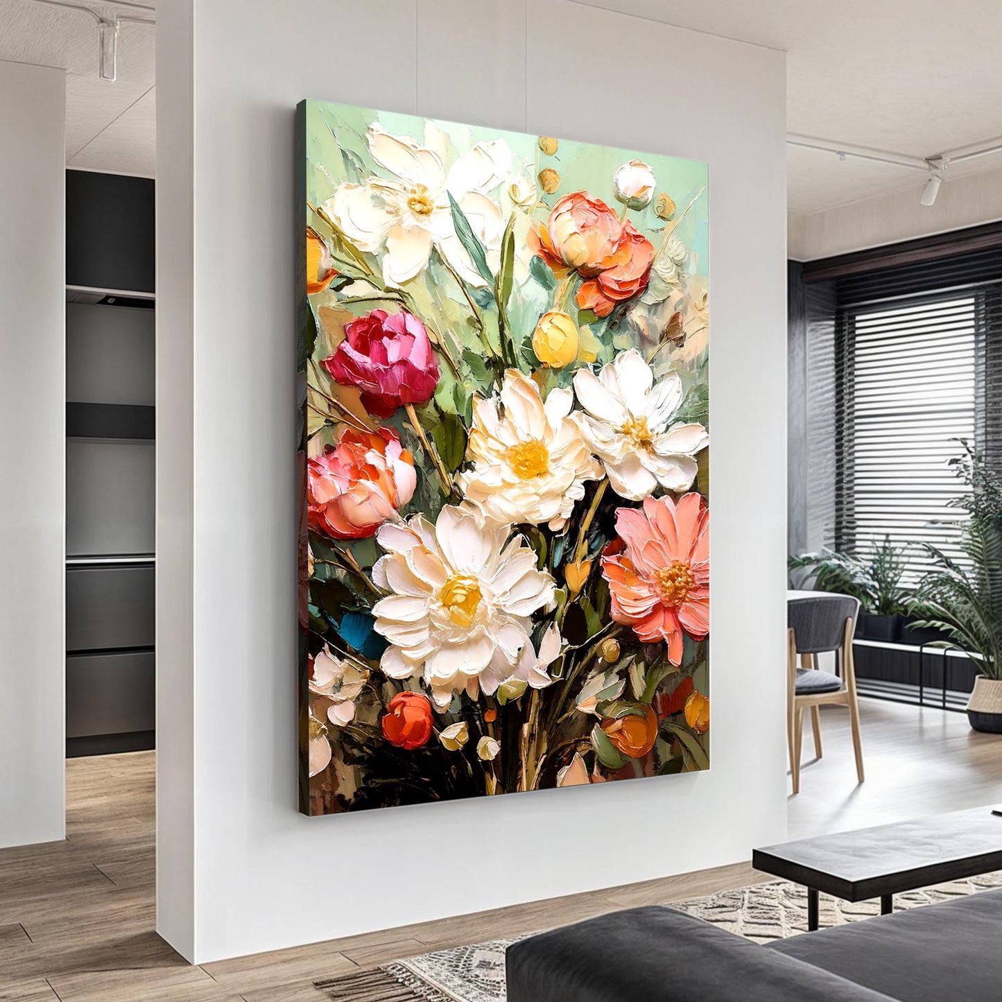 Serene Blossoms Wall Art canvas features flowers in white pink orange on mint background on Tampa Home & Garden Store