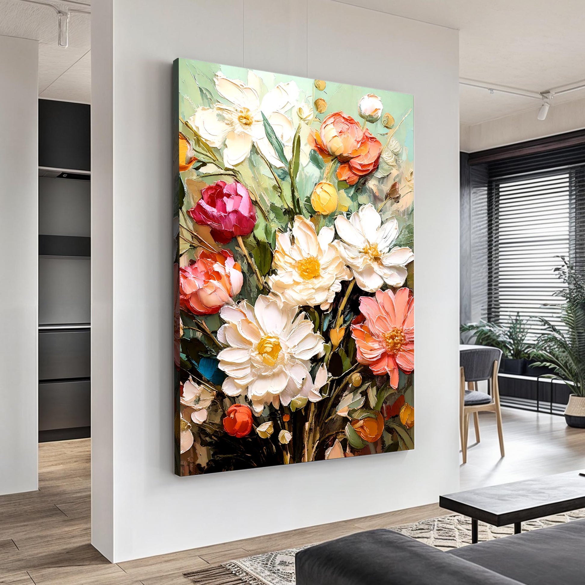 Serene Blossoms Wall Art canvas features flowers in white pink orange on mint background on Tampa Home & Garden Store