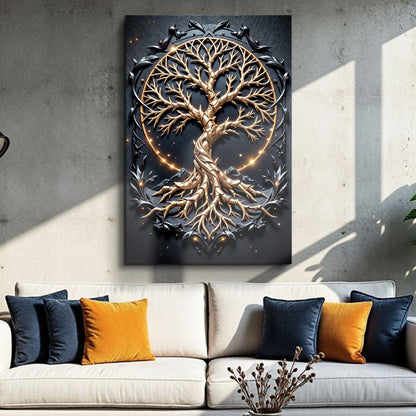 3D Celtic Tree of Life Wall Art II canvas with gold tree inside glowing ring on dark backdrop on Tampa Home & Garden Store