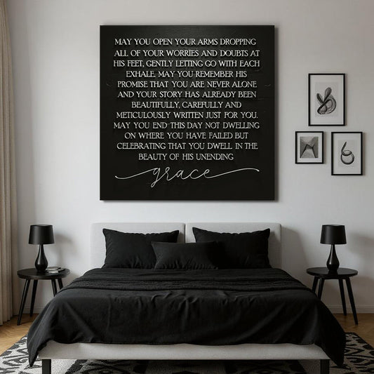Unending Grace Faith Sign III canvas wall art, white script on black above dark bed on Tampa Home & Garden Store