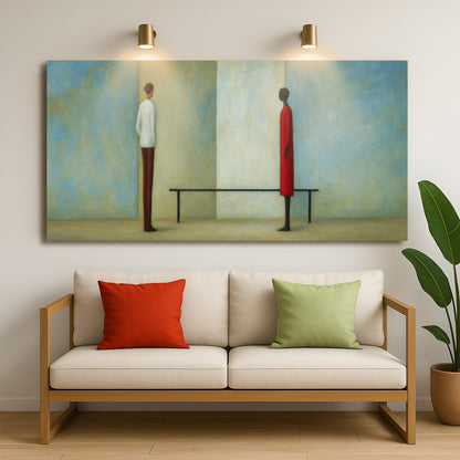 Confrontation Abstract Wall Art canvas with two figures facing away in blue panels on Tampa Home & Garden Store