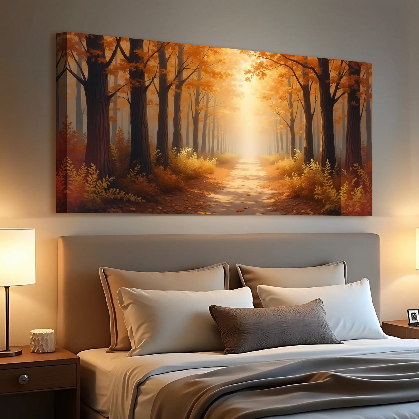 Abstract Forest Landscape Canvas Wall Art featuring orange autumn trees and a sunlit forest path on Tampa Home & Garden Store