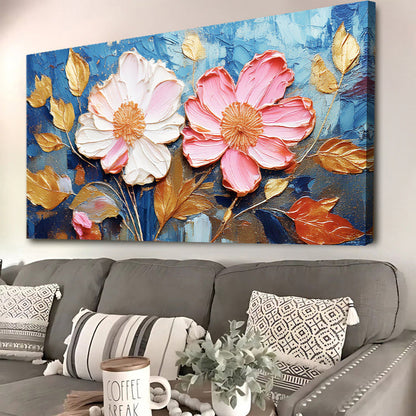 Golden Petals Impasto Wall Art canvas by Tailored Canvases with pink and white petals and gold accents on blue backdrop on Tampa Home & Garden Store