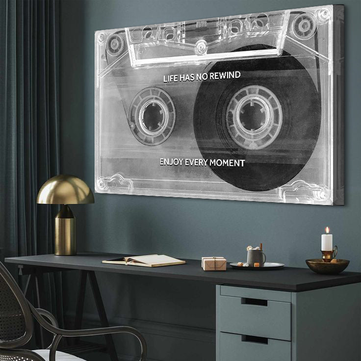 Enjoy Every Moment Motivational Wall Sign canvas by Tailored Canvases, monochrome cassette art on Tampa Home & Garden Store