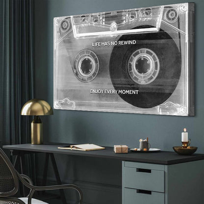 Enjoy Every Moment Motivational Wall Sign canvas by Tailored Canvases, monochrome cassette art on Tampa Home & Garden Store