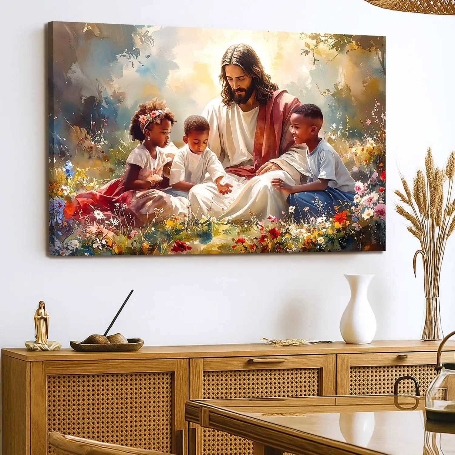 Jesus With Children Faith Wall Art V canvas by Tailored Canvases in a vibrant meadow scene on Tampa Home & Garden Store