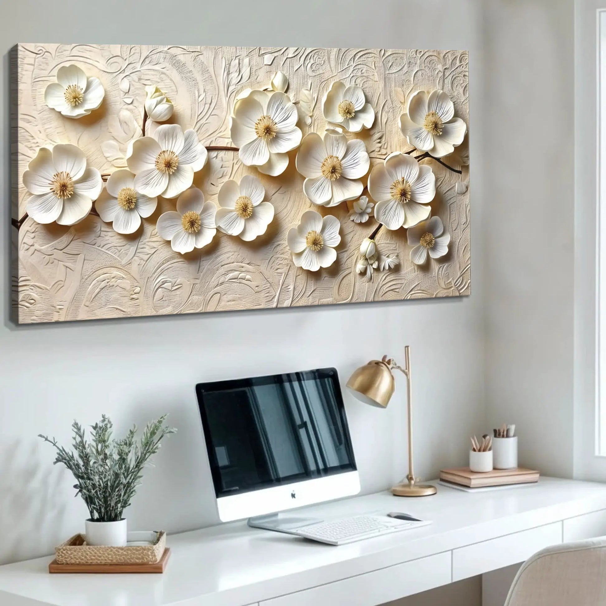 White Blossom Serenade canvas wall art with white 3D flowers on a textured beige background on Tampa Home & Garden Store