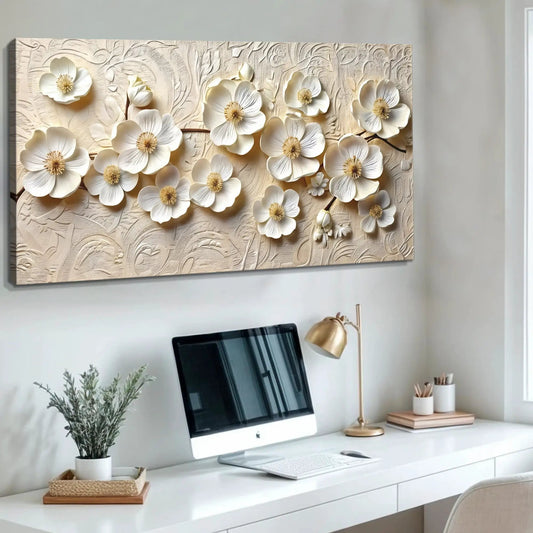 White Blossom Serenade canvas wall art with white 3D flowers on a textured beige background on Tampa Home & Garden Store