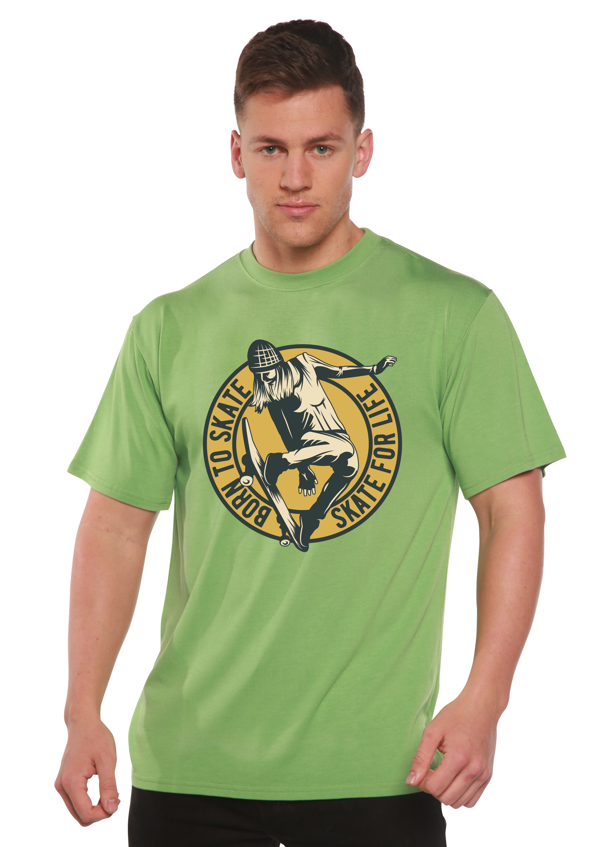 Skate For Life men's printed graphic tee in green bamboo viscose blend by Spun Bamboo on Tampa Home & Garden Store
