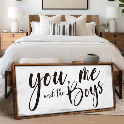 You Me and the Boys Farmhouse Bedroom Sign III canvas with black script wood frame on Tampa Home & Garden Store