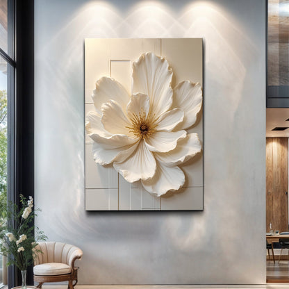 Modern Bloom Essence Wall Art canvas with ivory magnolia petals on a beige panel backdrop on Tampa Home & Garden Store