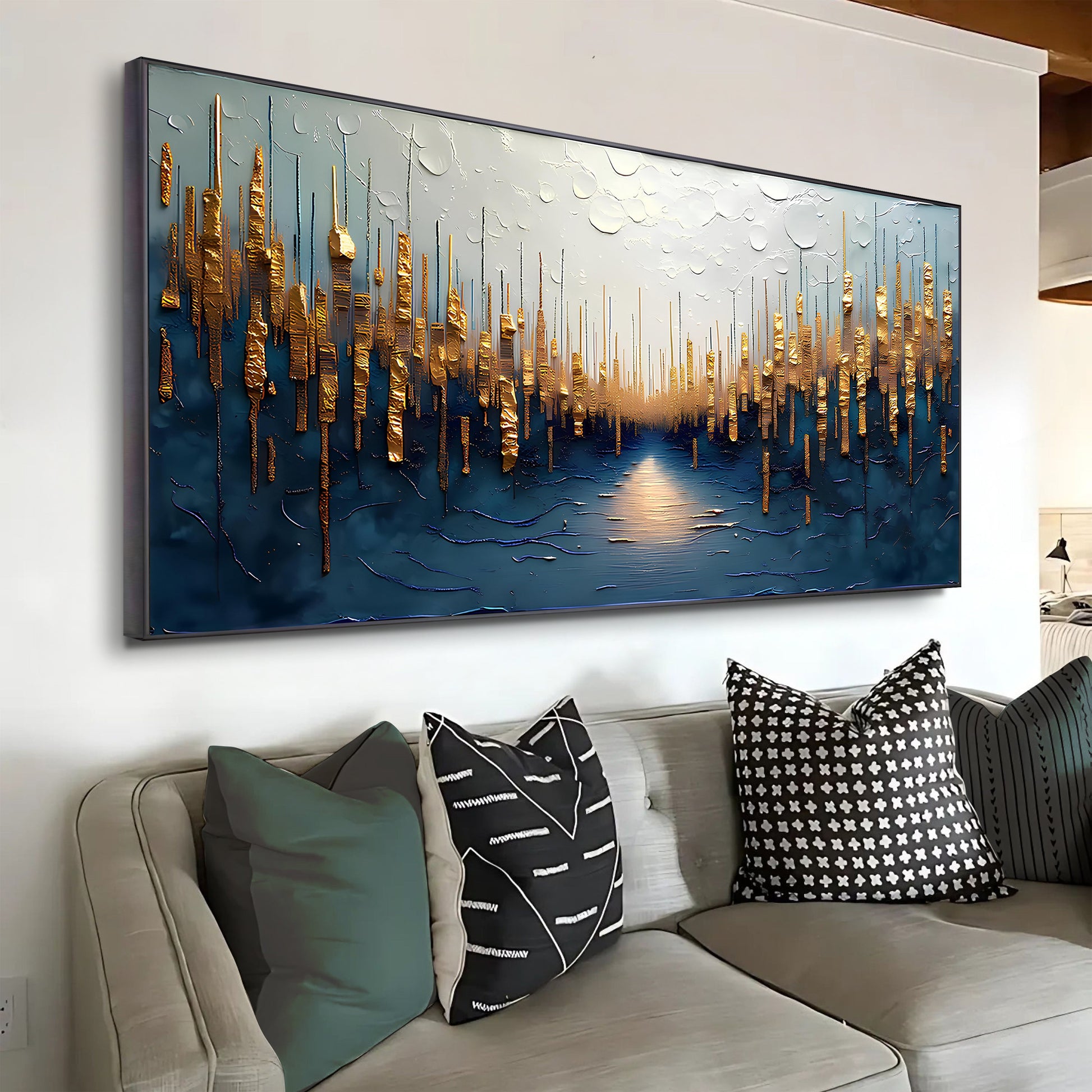 Golden Forest Reflection abstract wall art canvas with gold foil verticals on blue backdrop on Tampa Home & Garden Store