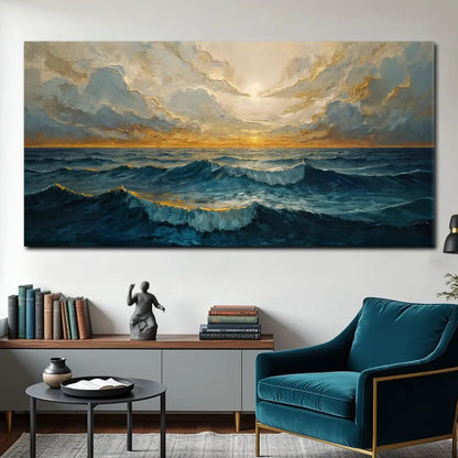 Waterscape Abstract Wall Art XI canvas with deep blue waves and golden sunset on Tampa Home & Garden Store