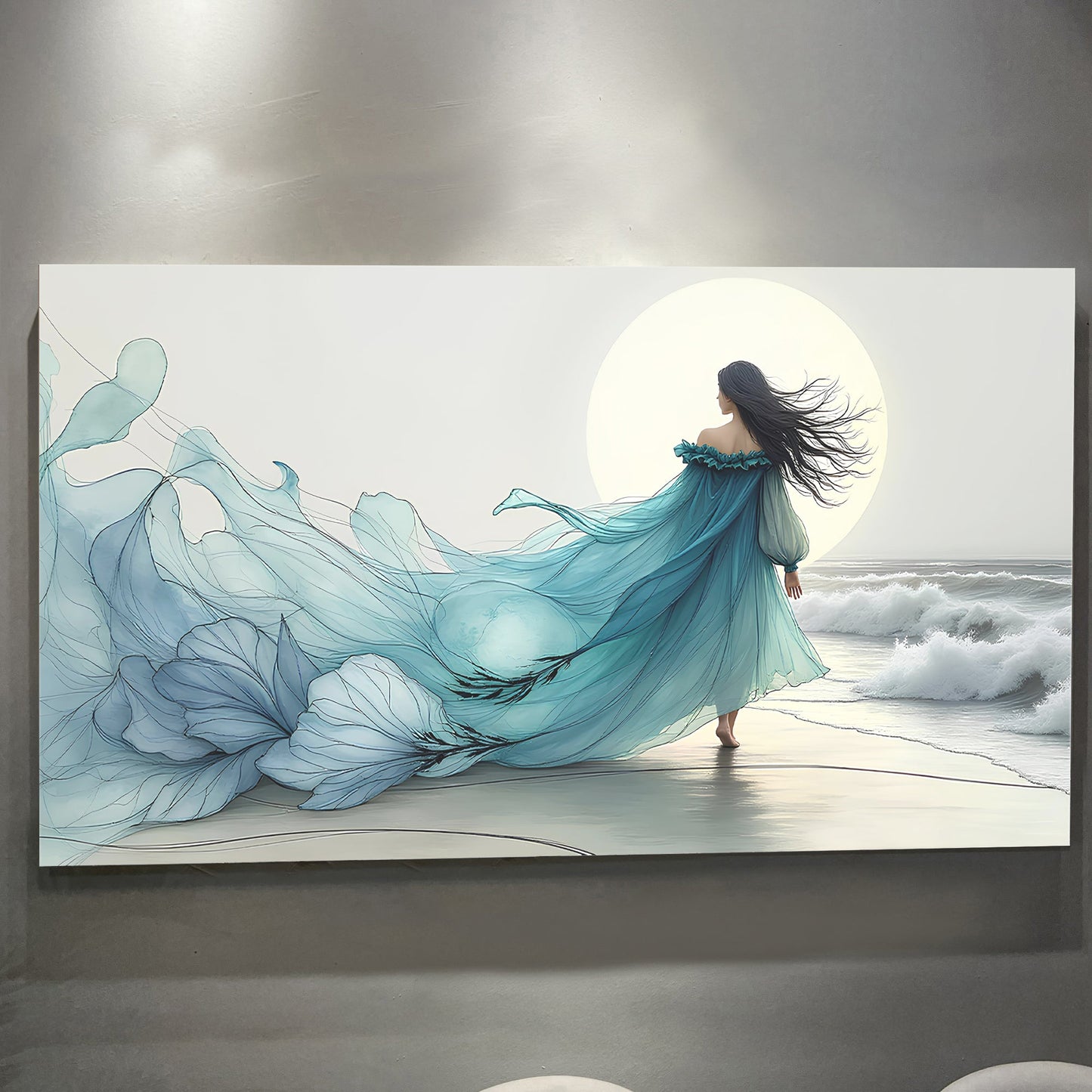 Swirling Winds by the Ocean canvas art shows a woman in blue gown by sea with pale circle on Tampa Home & Garden Store