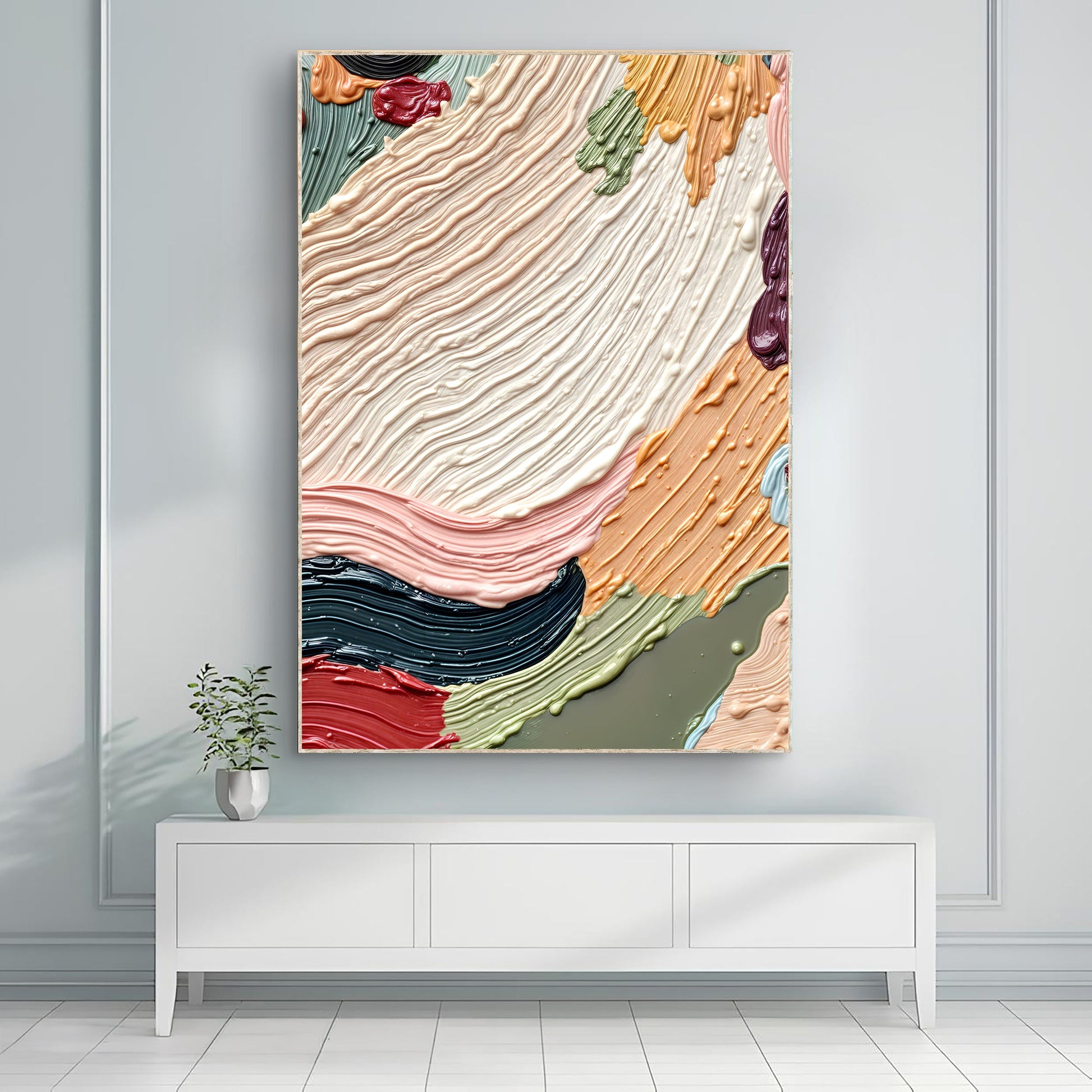 Colorful abstract canvas wall art by Tailored Canvases, textured swirls in cream, pink, teal on Tampa Home & Garden Store