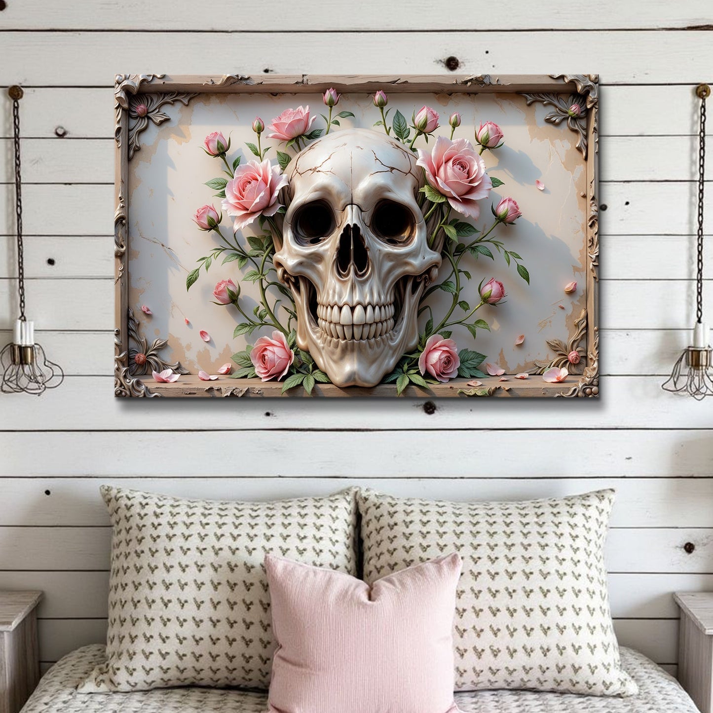 3D Rose And Skull Wall Art V canvas by Tailored Canvases with pink roses around a skull on Tampa Home & Garden Store