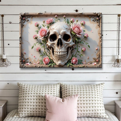 3D Rose And Skull Wall Art V canvas by Tailored Canvases with pink roses around a skull on Tampa Home & Garden Store