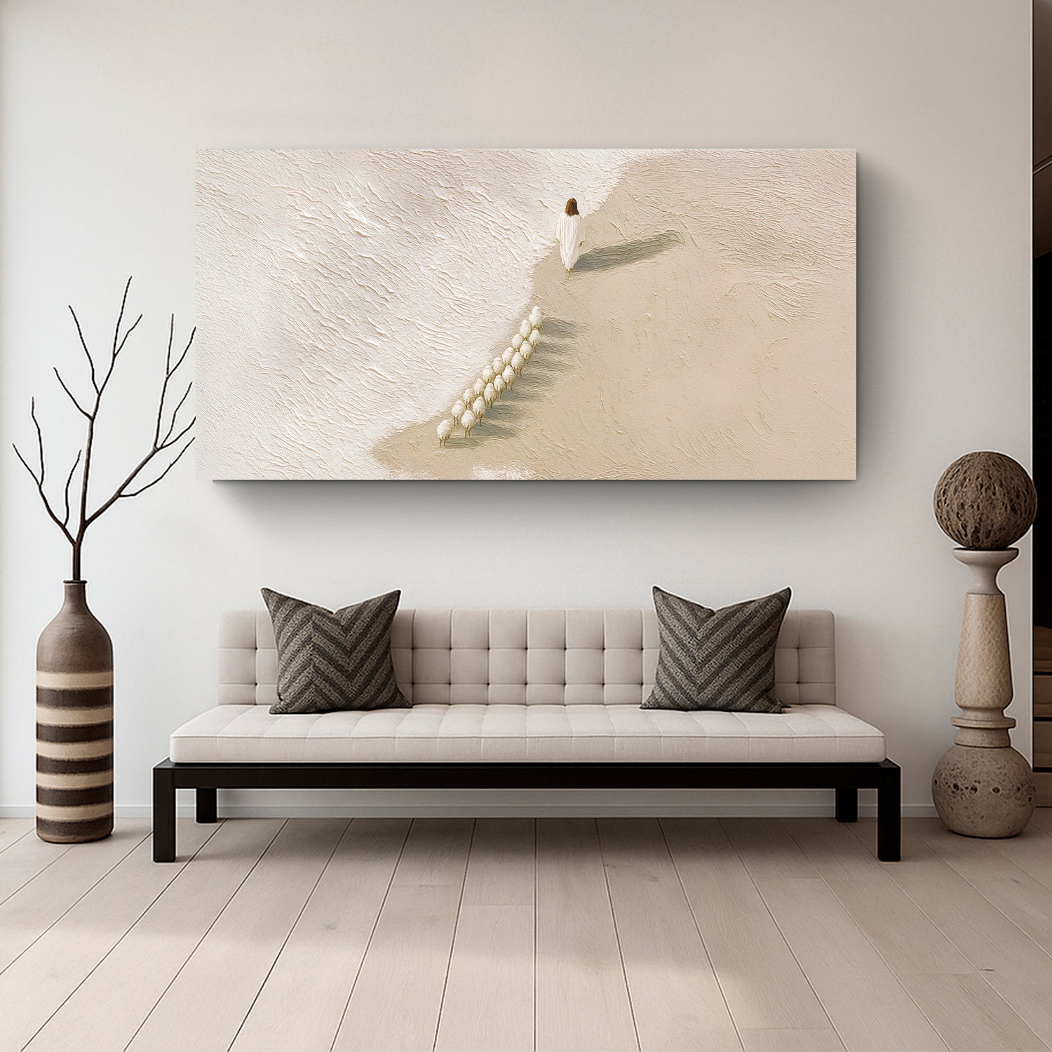 Canvas wall art Jesus The Flock of Sheep Faith showing robed figure guiding flock along dunes on Tampa Home & Garden Store