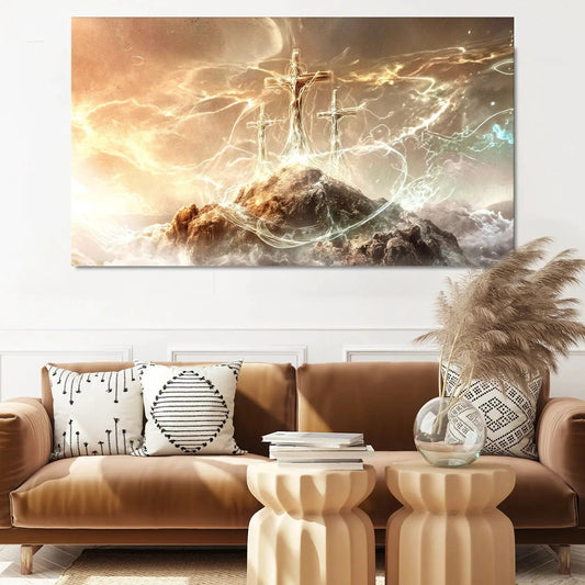 He Is Risen Faith Wall Art canvas by Tailored Canvases with three crosses atop a rocky peak on Tampa Home & Garden Store