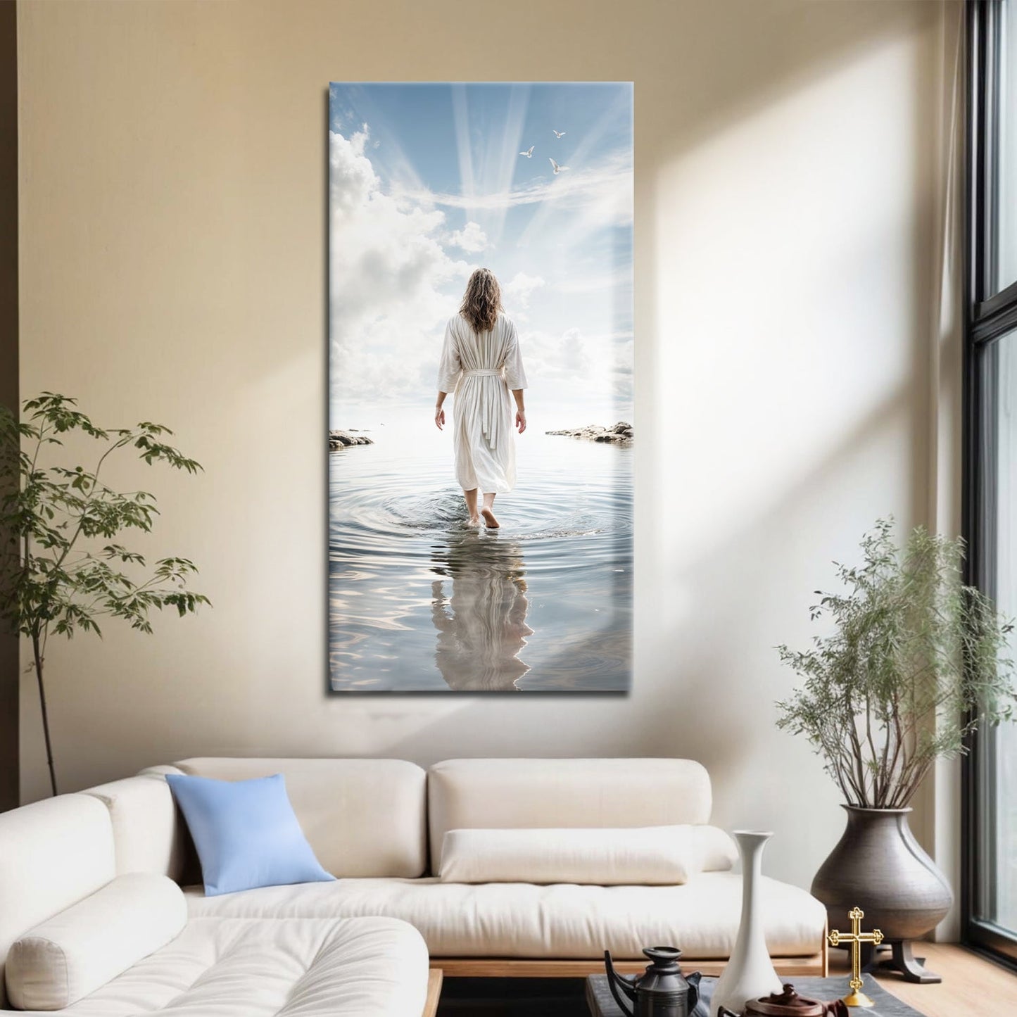 Reflections Faith Wall Art XVI canvas featuring woman in white robe walking into calm water sky on Tampa Home & Garden Store