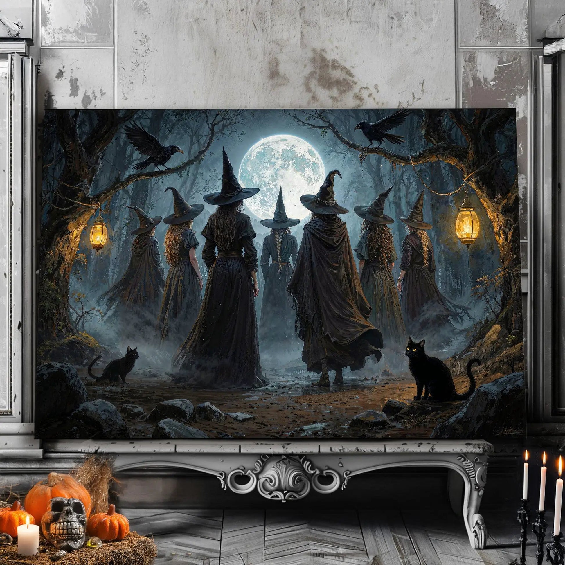 Coven of Witches Halloween Wall Art canvas by Tailored Canvases; moonlit forest with witches on Tampa Home & Garden Store
