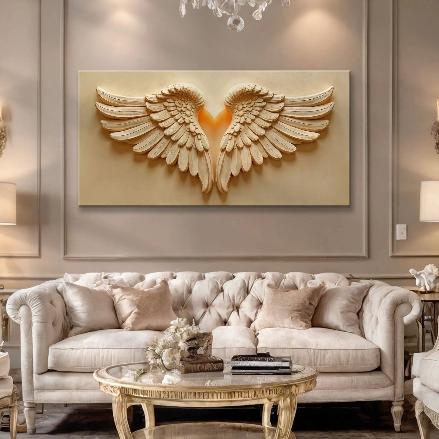 Wings Of Devotion Canvas wall art with cream carved feather wings forming a heart on beige panel on Tampa Home & Garden Store