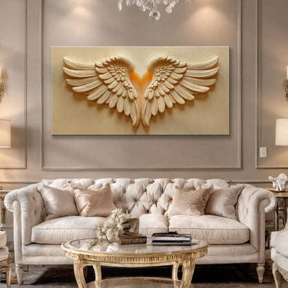 Wings Of Devotion Canvas wall art with cream carved feather wings forming a heart on beige panel on Tampa Home & Garden Store