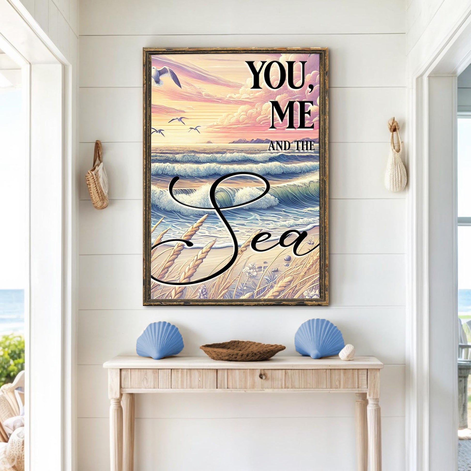 Canvas You Me and the Sea Coastal Sign by Tailored Canvases with pastel sunset over ocean waves on Tampa Home & Garden Store