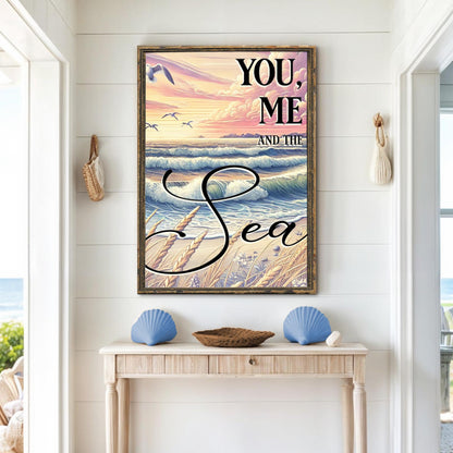 Canvas You Me and the Sea Coastal Sign by Tailored Canvases with pastel sunset over ocean waves on Tampa Home & Garden Store