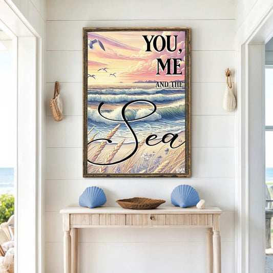 Canvas You Me and the Sea Coastal Sign by Tailored Canvases with pastel sunset over ocean waves on Tampa Home & Garden Store
