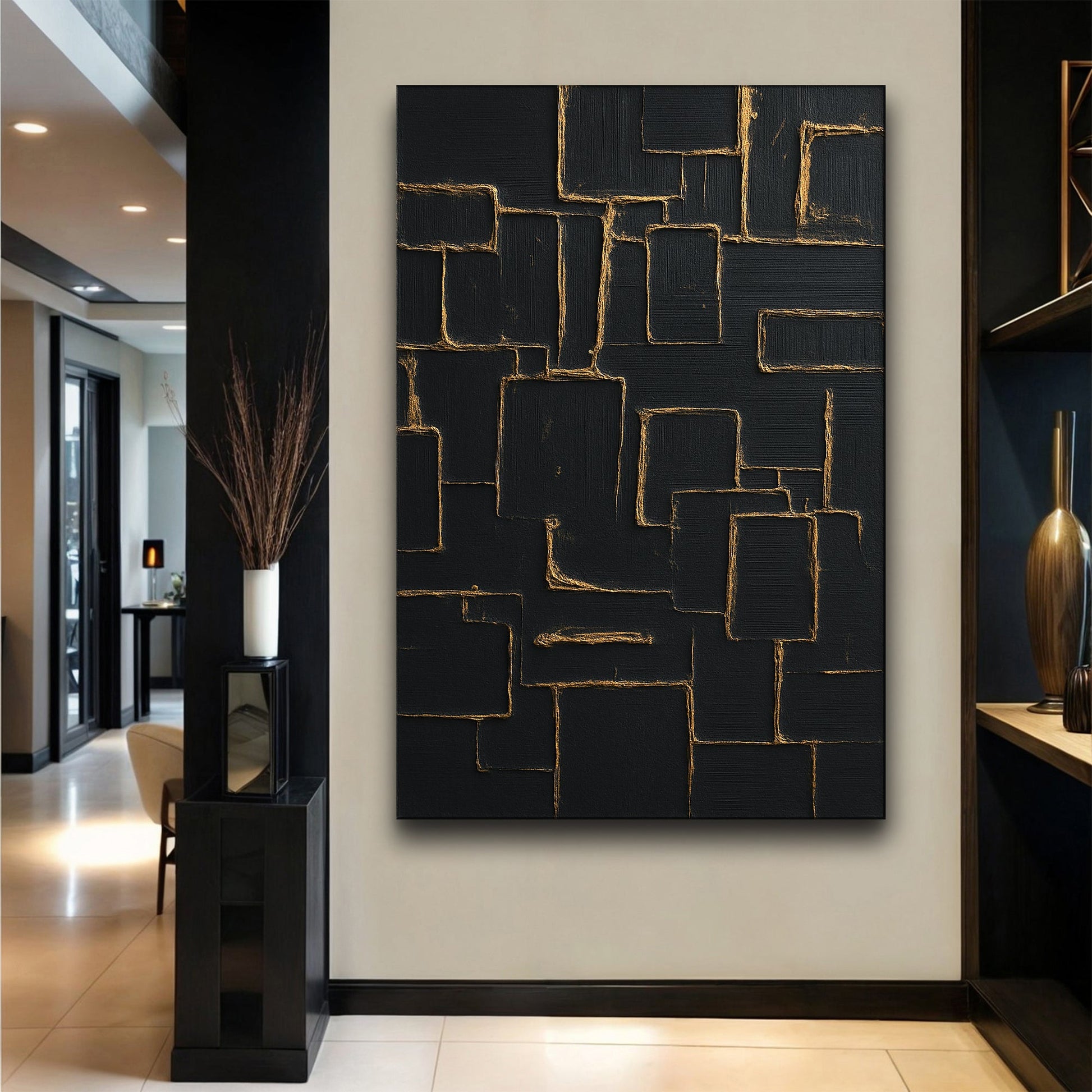 Canvas wall art Contemporary Black and Gold by Tailored Canvases; black panels with gold edges on Tampa Home & Garden Store