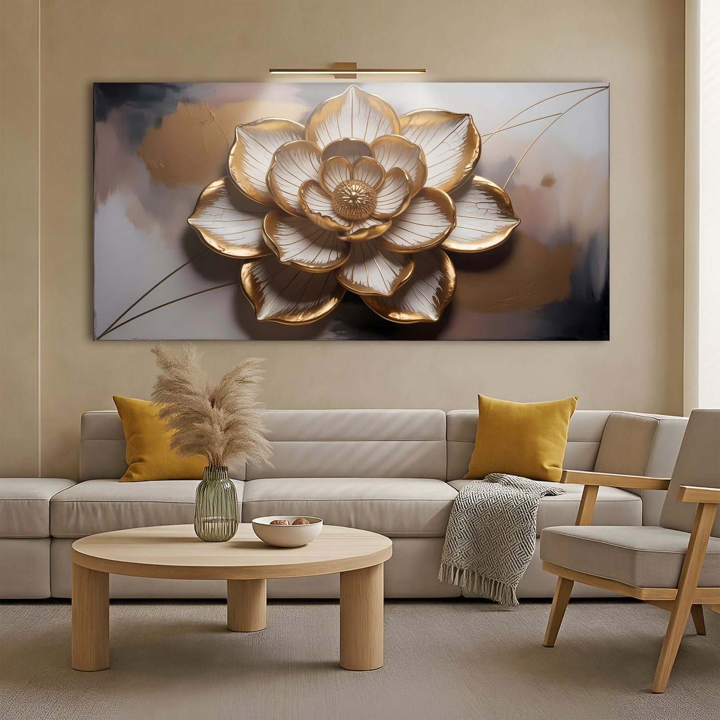 Golden Lotus Minimalist Abstract Wall Art canvas by Tailored Canvases with gold petals on Tampa Home & Garden Store