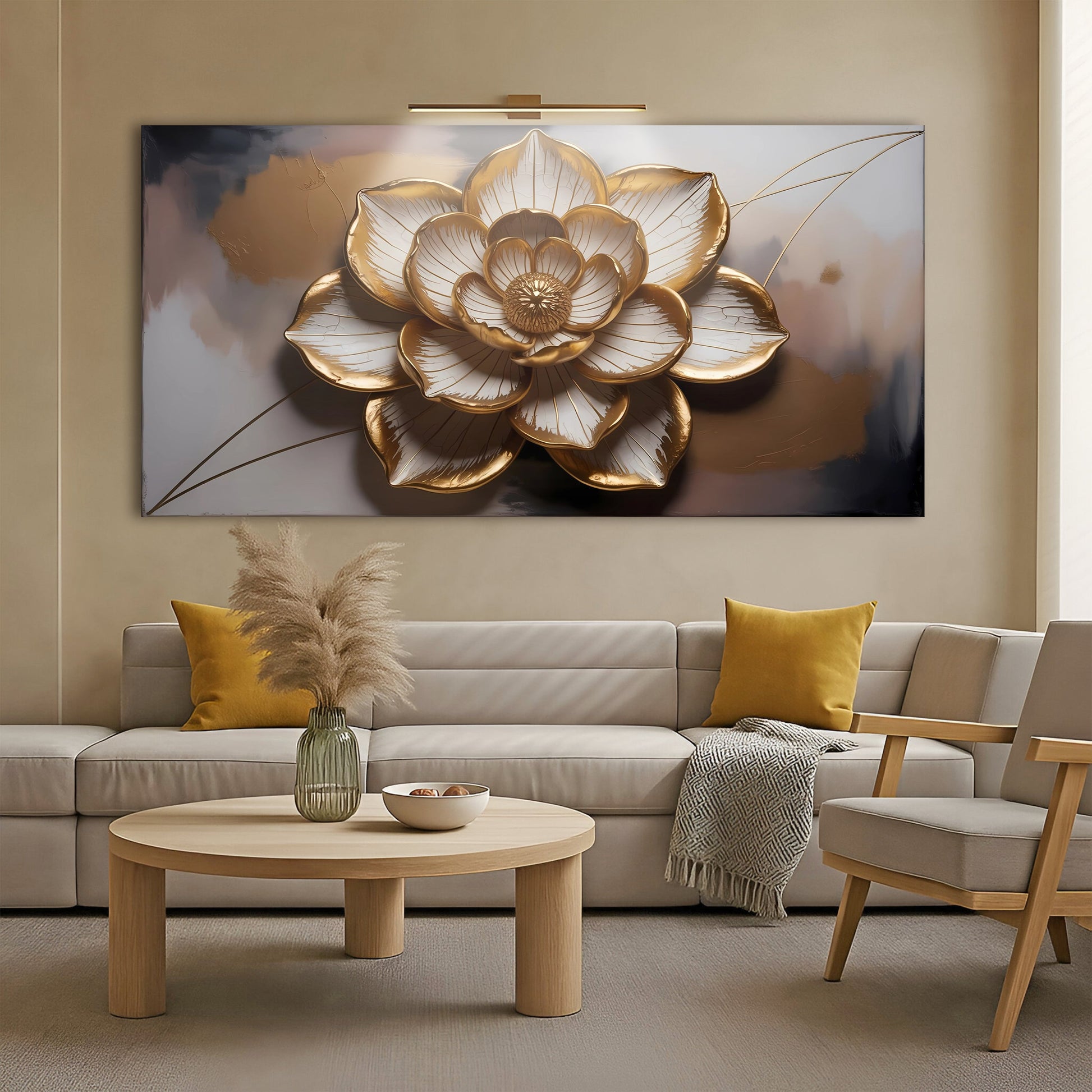 Golden Lotus Minimalist Abstract Wall Art canvas by Tailored Canvases with gold petals on Tampa Home & Garden Store