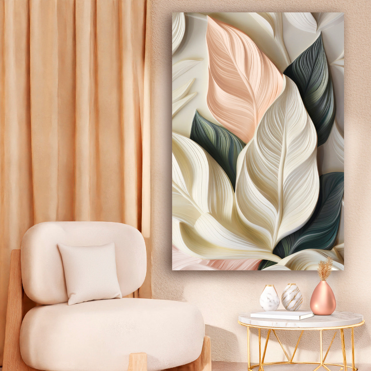 3D pastel leaf canvas wall art Tailored Canvases cream peach leaves on Tampa Home & Garden Store