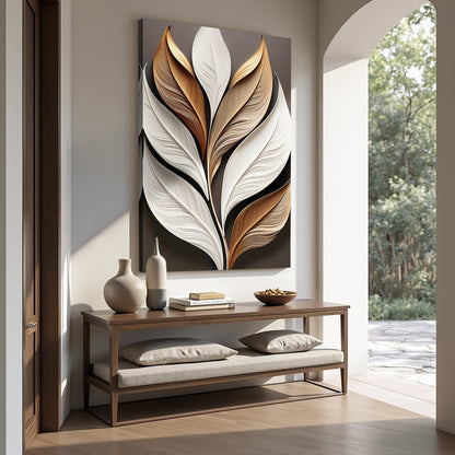 Elegant 3D leaf canvas wall art with copper, cream and white layers by Tailored Canvases on Tampa Home & Garden Store