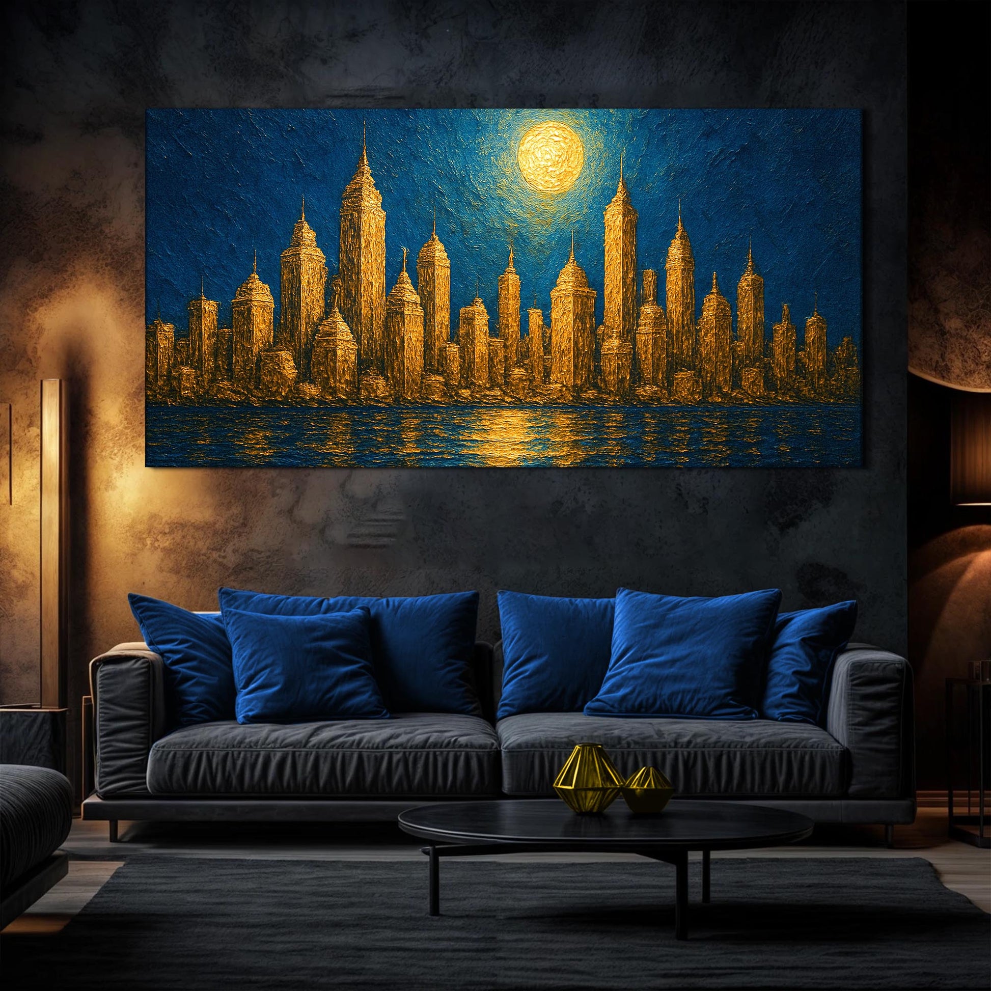 Golden Metropolis Cityscape Impasto canvas art in gold on blue by Tailored Canvases on Tampa Home & Garden Store