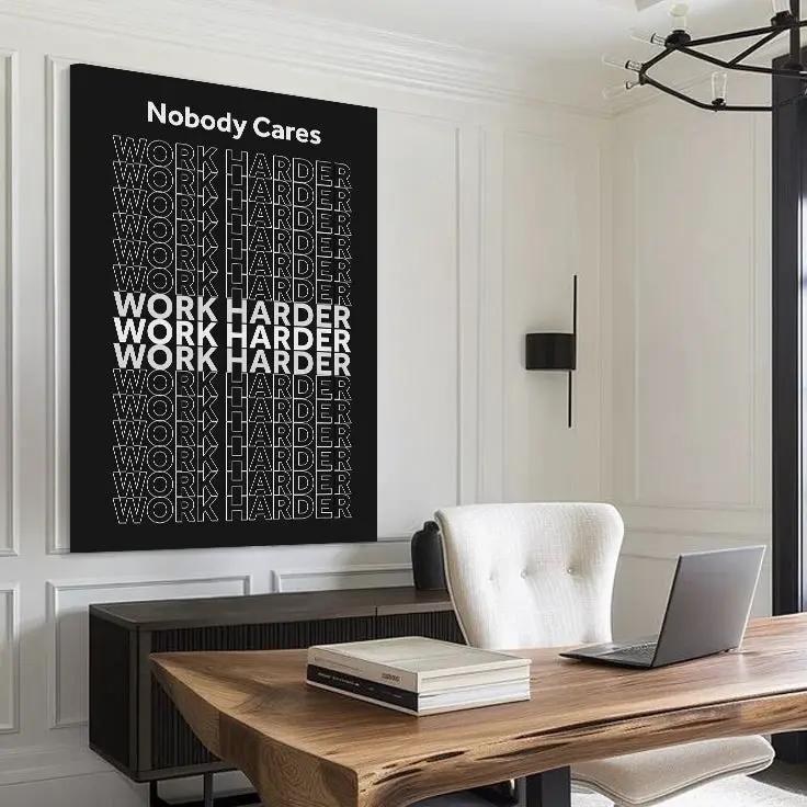 Work Harder Motivational Wall Sign Canvas Tailored Canvases with black text in a modern office on Tampa Home & Garden Store