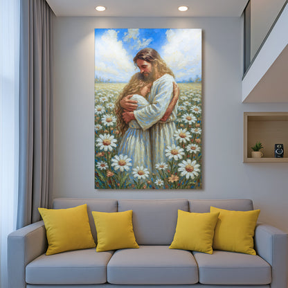 Jesus With Children canvas by Tailored Canvases; embraces children amid daisies under sky on Tampa Home & Garden Store