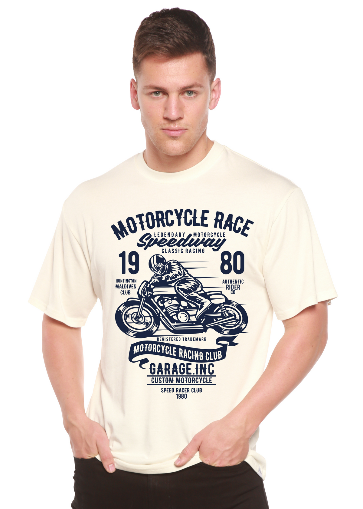 Mens T-shirt with motorcycle race graphic in cream, bamboo viscose/organic cotton by Spun Bamboo on Tampa Home & Garden Store