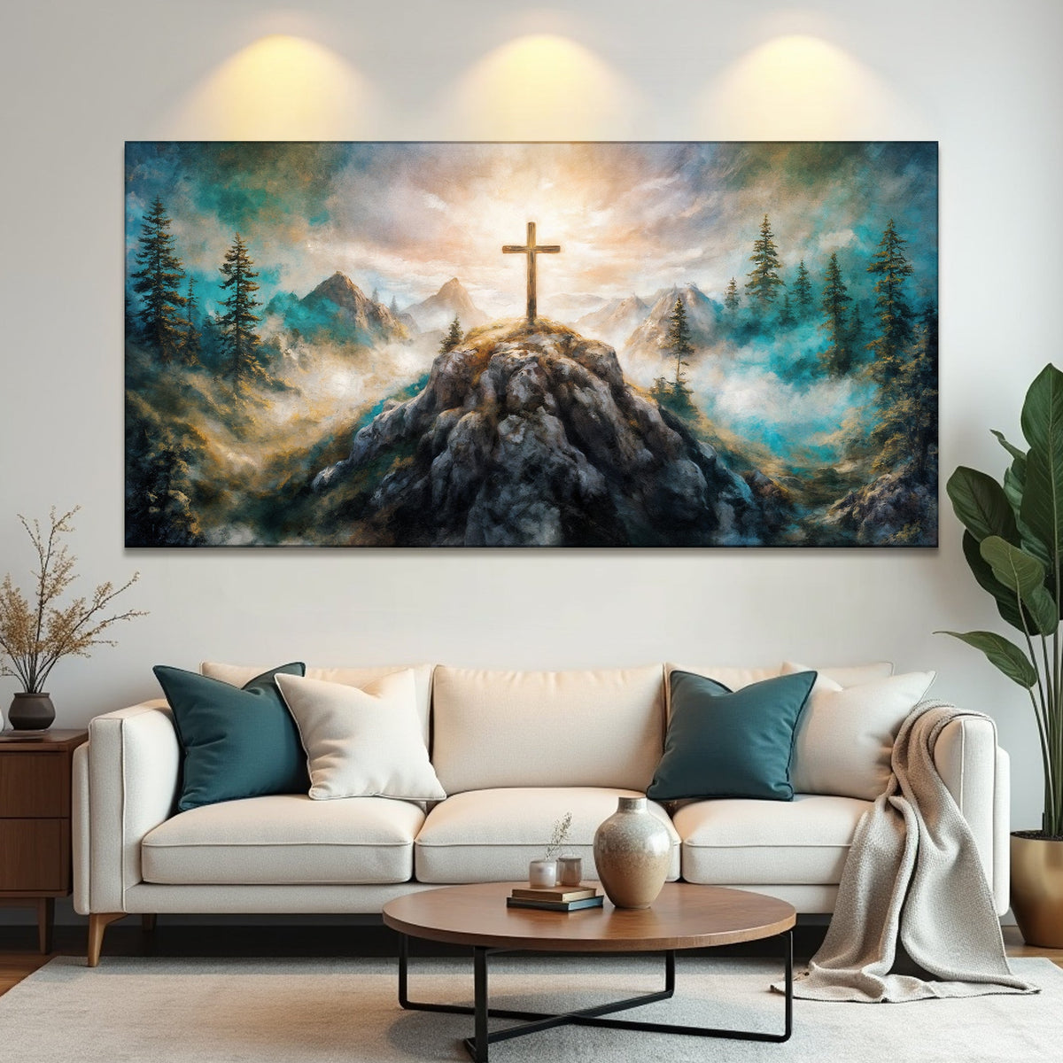 Cross On A Hill Faith Wall Art III canvas by Tailored Canvases with sunlit cross atop hill on Tampa Home & Garden Store