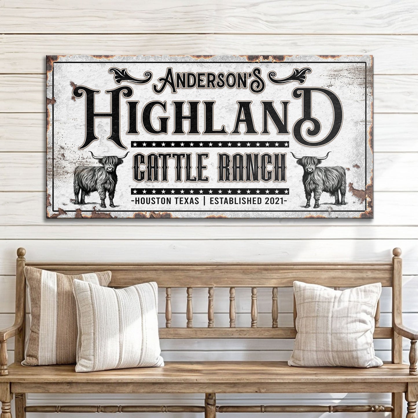 Canvas sign Personalized Highland Cattle Ranch II by Tailored Canvases, vintage print with two cattle on Tampa Home & Garden Store