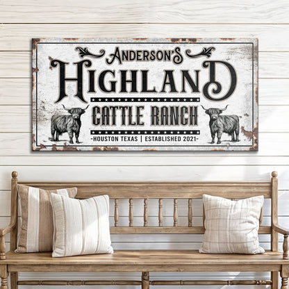 Canvas sign Personalized Highland Cattle Ranch II by Tailored Canvases, vintage print with two cattle on Tampa Home & Garden Store