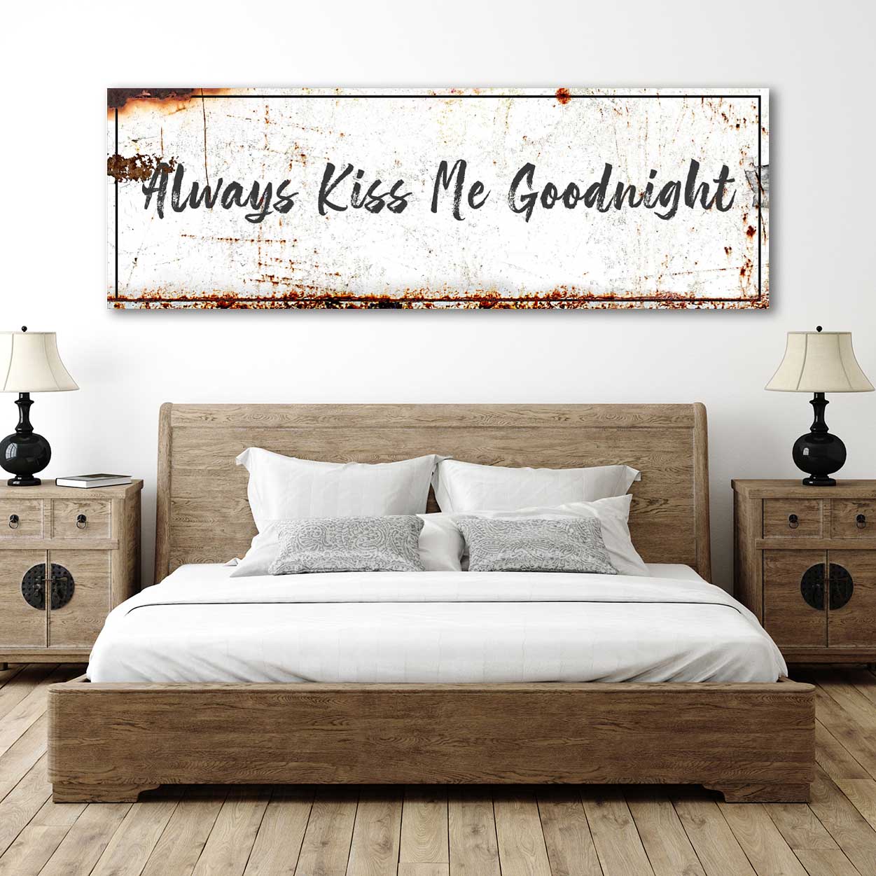 Always Kiss Me Goodnight Sign canvas by Tailored Canvases, rustic white with black script on Tampa Home & Garden Store