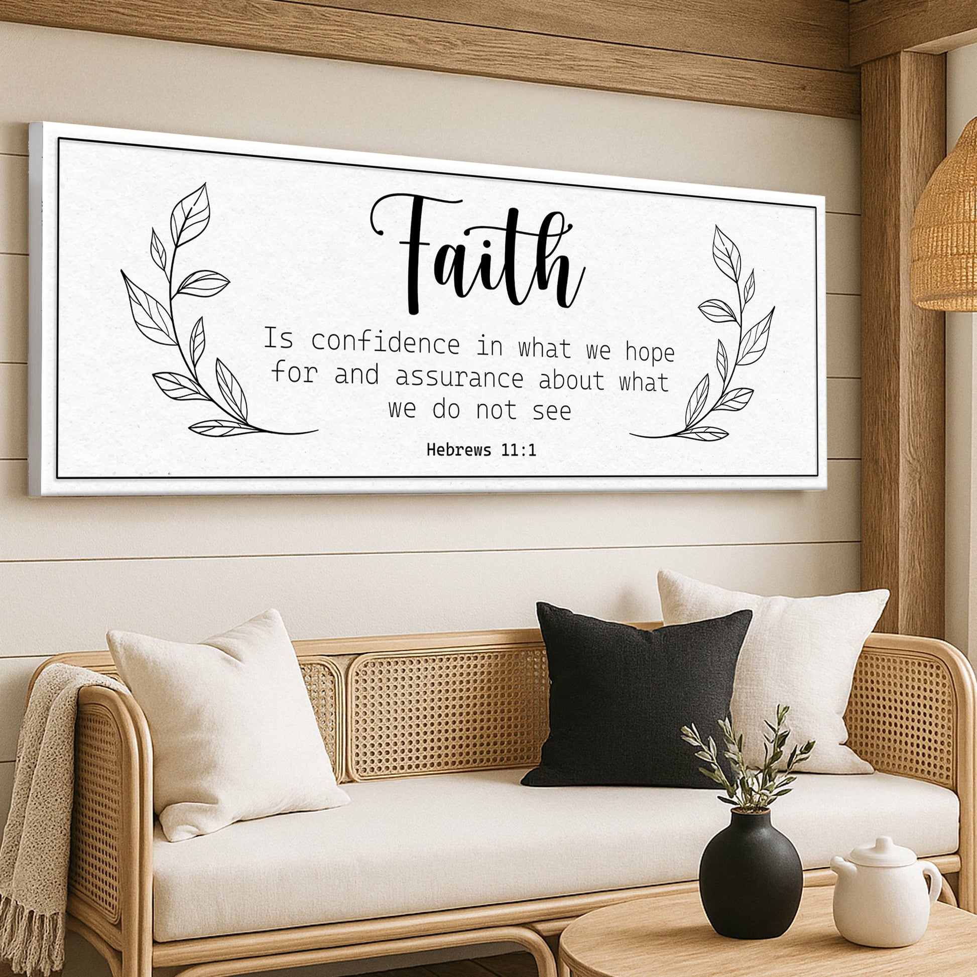 Faith Is Confidence Hebrews 11:1 Faith Sign canvas wall art with black script and leaves on Tampa Home & Garden Store