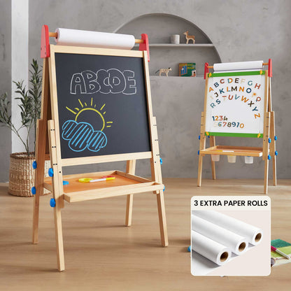 Tiny Land 3-in-1 Art Easel & Paper Roll Set, wooden chalkboard easel with ABC sheet and rolls on Tampa Home & Garden Store