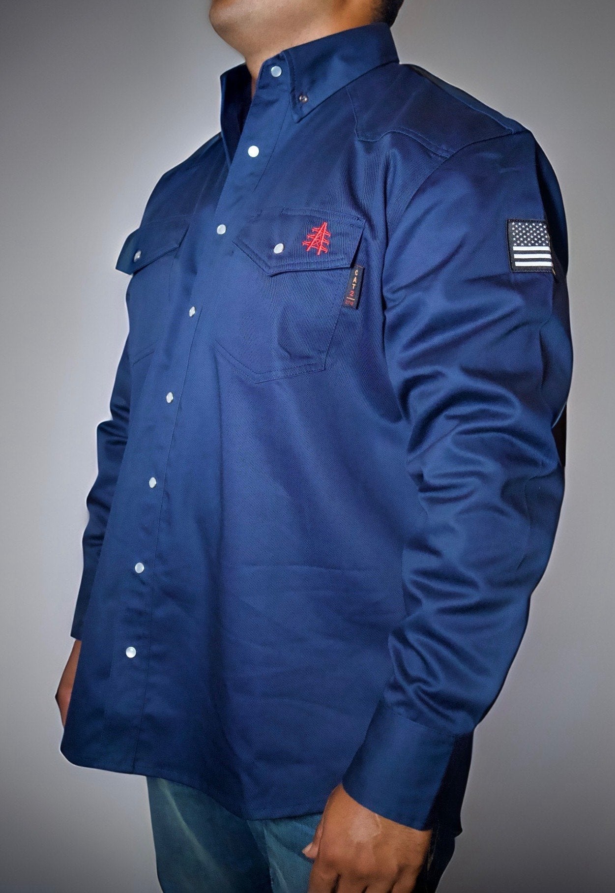 FR Western Style Pearl Snap Navy Work Shirt by Static FR with U.S. flag patch on sleeve on Tampa Home & Garden Store
