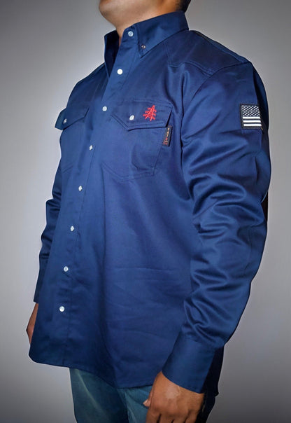 FR Western Style Pearl Snap Navy Work Shirt by Static FR with U.S. flag patch on sleeve on Tampa Home & Garden Store