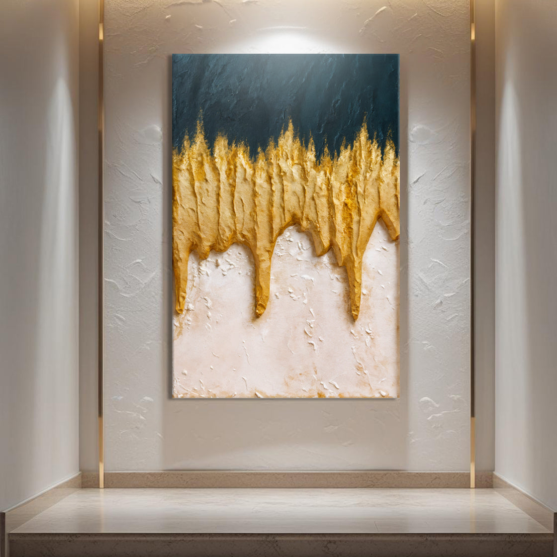 Abstract blue and gold wall art canvas with teal fade and dripping gold on ivory base on Tampa Home & Garden Store